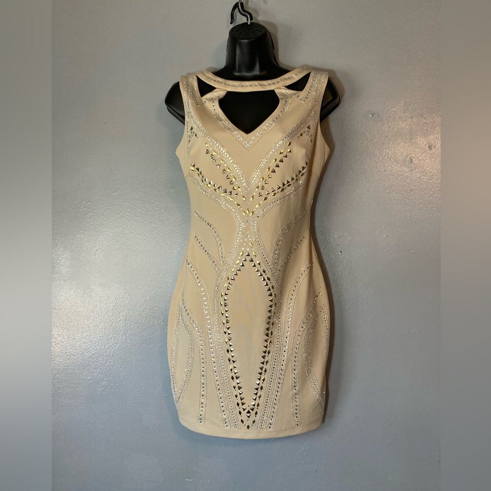 Alexia Admor tan rhinestone cut out mini dress